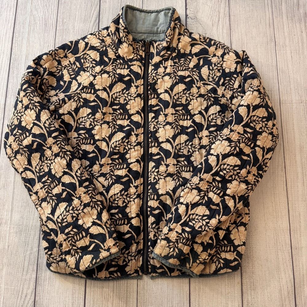 Reversible Floral Quilted Full Zip Jacket Black Tan Green Cottagecore Size M